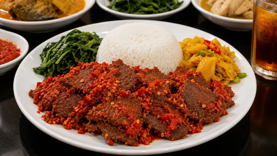 sajian nasi Padang dengan Dendeng Balado RM Sejahtera untuk makan siang Bekasi