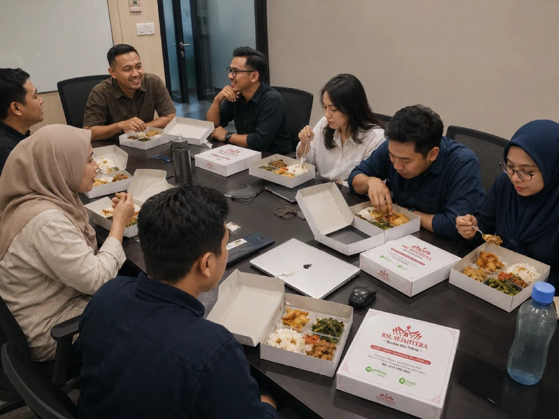karyawan kantor menikmati nasi box catering perusahaan RM Sejahtera saat makan siang di Bekasi