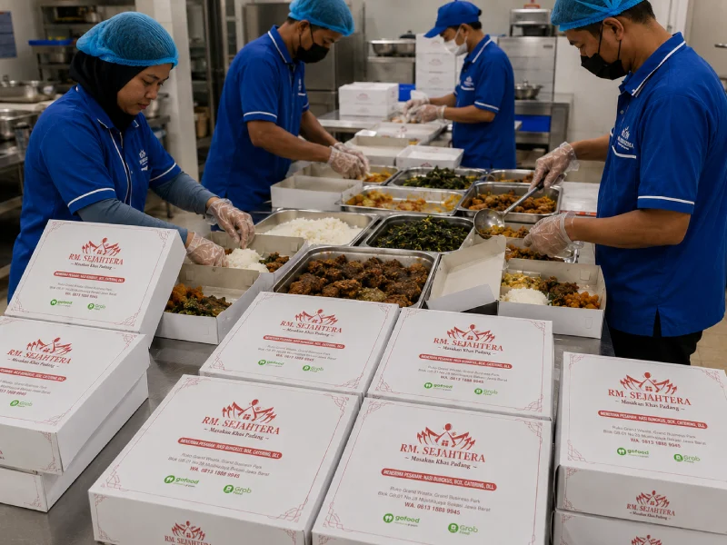 persiapan catering perusahaan masakan Padang skala besar RM Sejahtera Bekasi