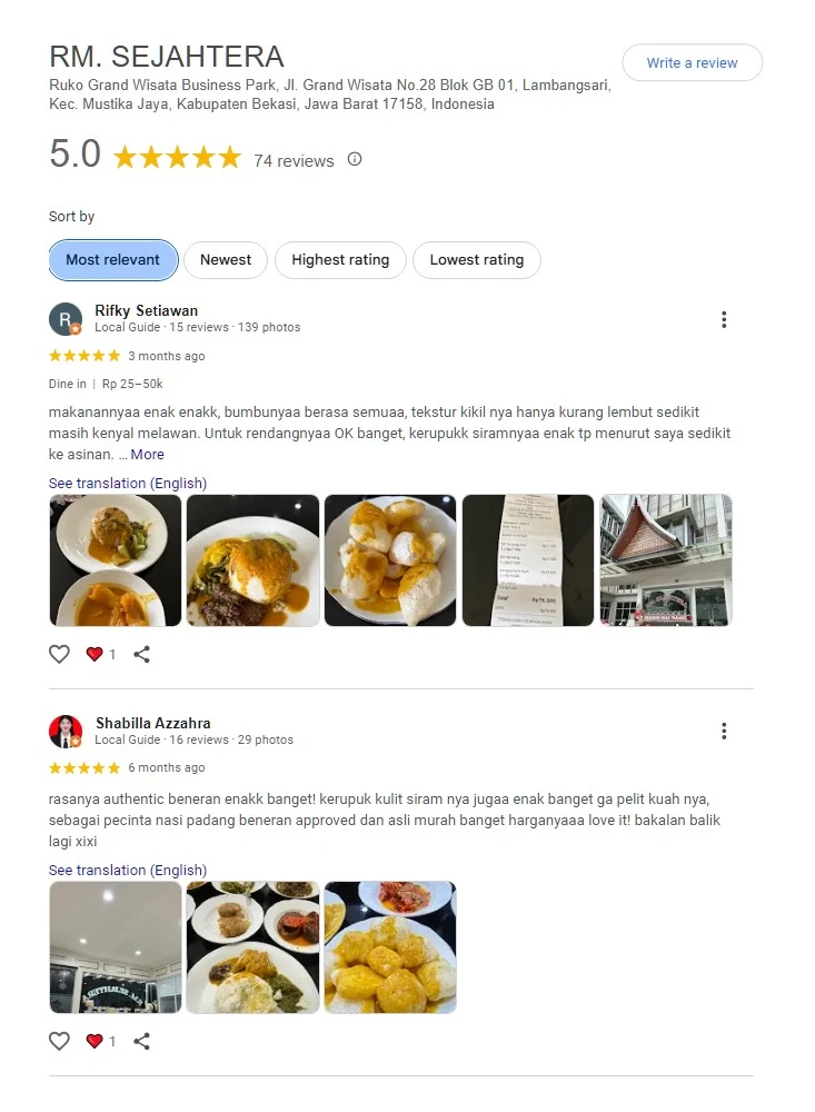 ulasan dan rating bintang 5 pelanggan RM Sejahtera Grand Wisata Bekasi